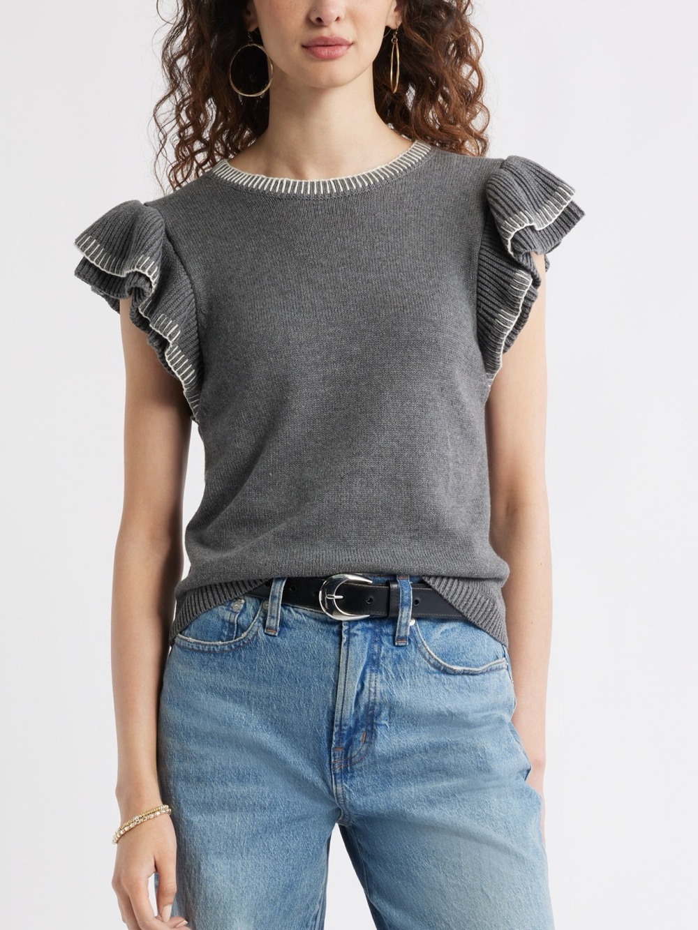Treasure & Bond Grey Flutter Ruffle Sleeve Cotton Knit SS Sweater Top NWT XL